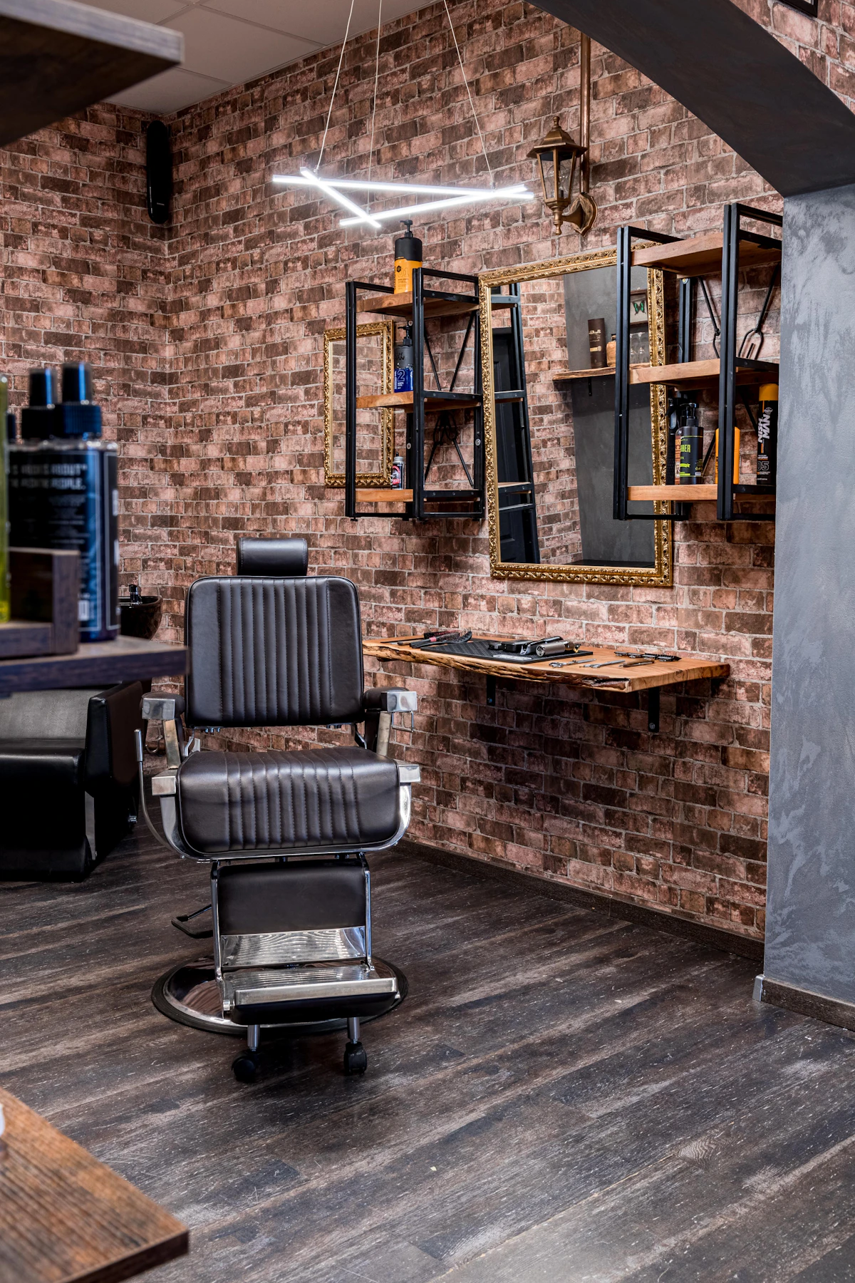 Brick wall and wooden floor inside the shop
