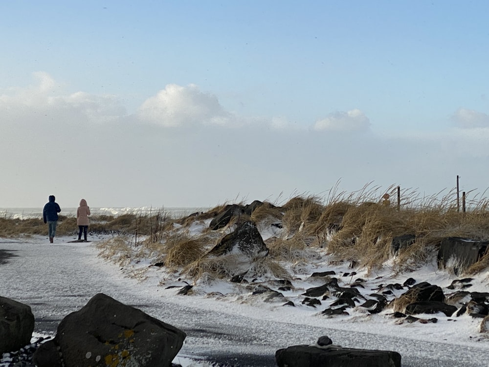 a couple of people walking down a snow covered road