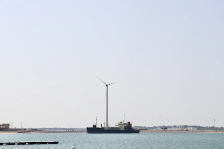 Close-up of a wind turbine installation vessel preparing for offshore work.
