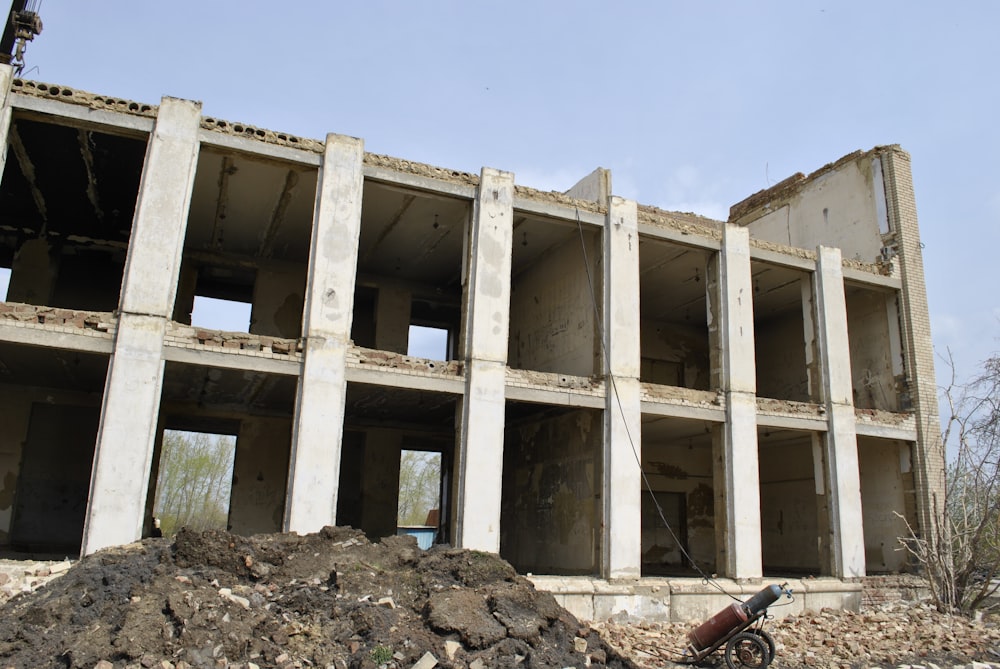 a bike parked in front of a building under construction