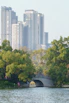 a bridge over a body of water with tall buildings in the background