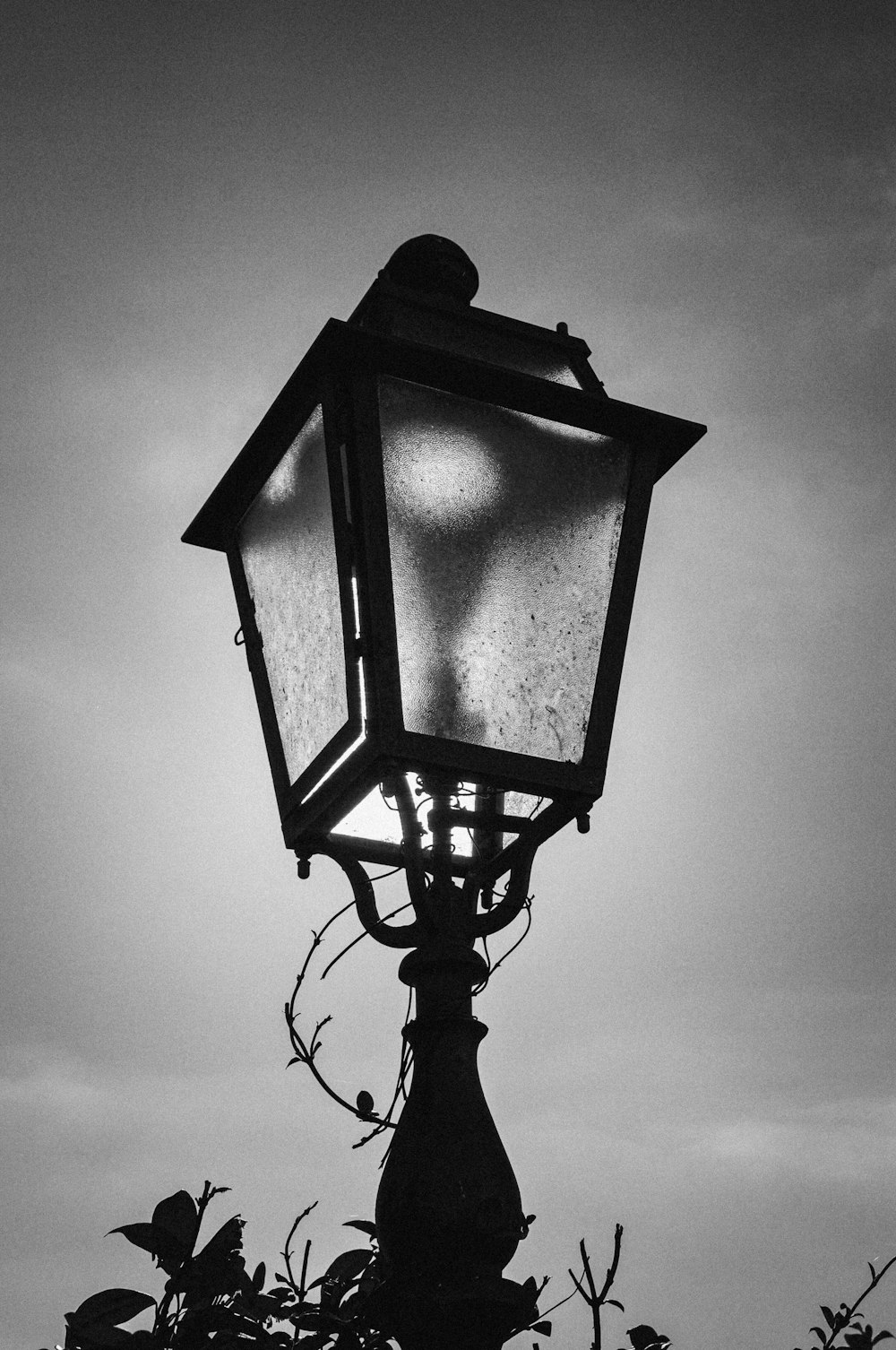 a black and white photo of a street light