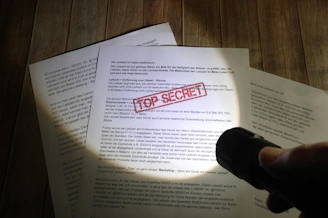 A hand holding a flashlight illuminates documents laid on a wooden surface. One document prominently displays a red 'TOP SECRET' stamp. The text is primarily in German, and the scene suggests a clandestine or investigative atmosphere.