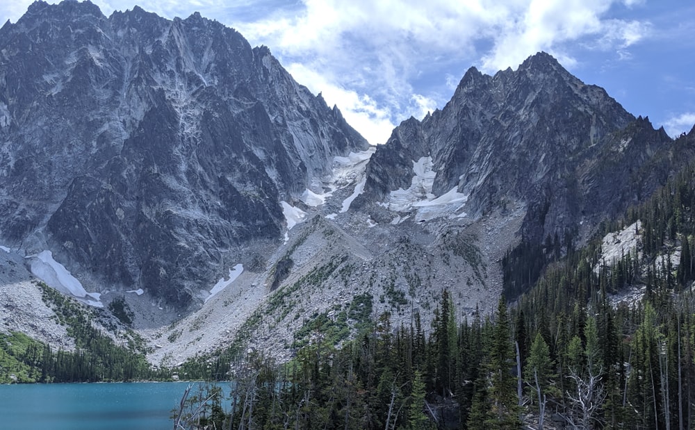 a mountain range with a lake in the foreground