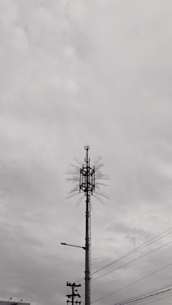 A tall communication tower with multiple antennas and cables is set against a cloudy sky. The tower features linear and dish components near the top, with surrounding power lines visible in the foreground.