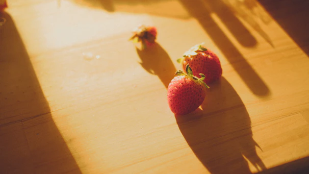 Rows of strawberries carefully laid out on drying racks, bathed in warm golden light.
