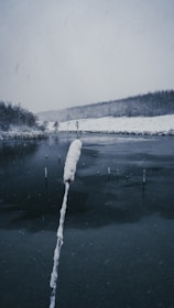 A serene winter landscape with frozen lakes and snow.