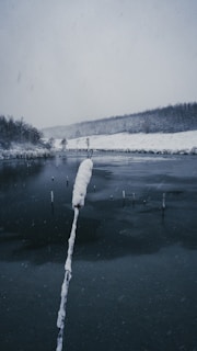 A serene winter landscape with frozen lakes and snow.