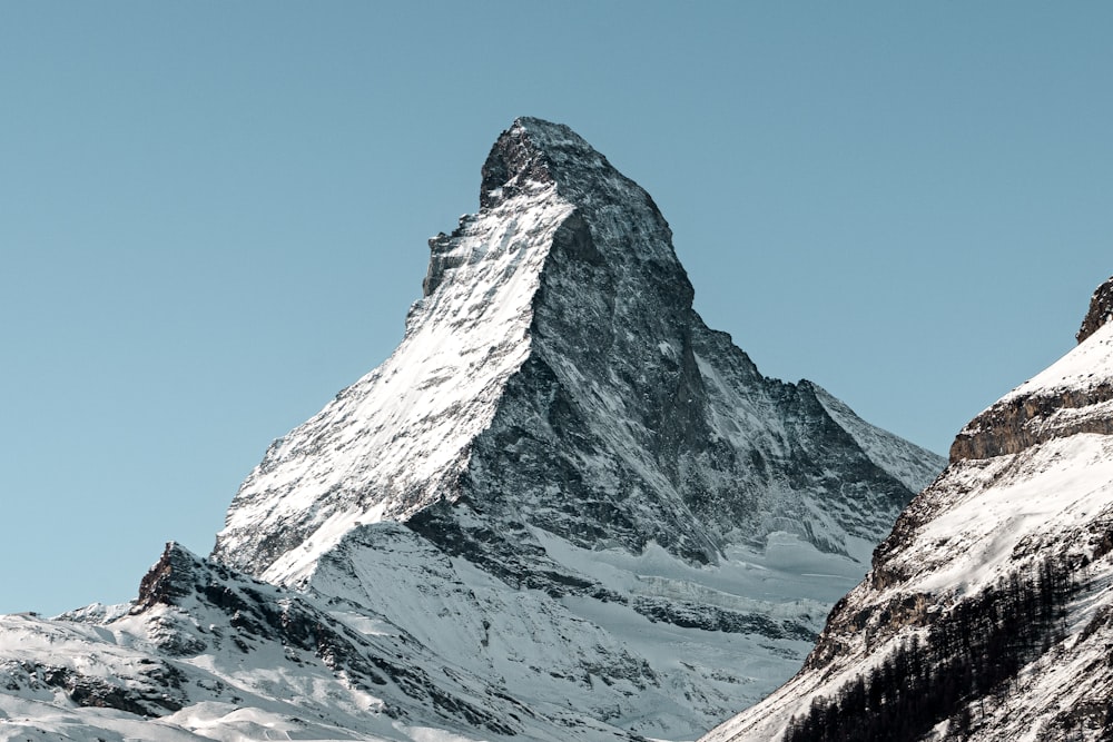 a snow covered mountain with a blue sky in the background