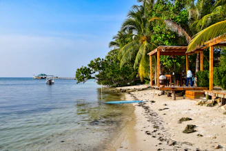 A peaceful private island in Mexico featuring a sandy beach and a small dock with a boat.