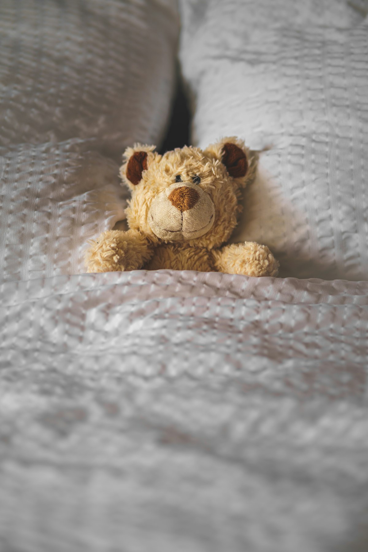 A soft teddy bear resting on a bed with white sheets