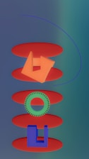 Three-dimensional geometric shapes are arranged in a vertical sequence surrounded by an abstract background. An orange structure resembling a block with openings is positioned on top, followed by a green circular object with a textured pattern on its edge. At the bottom, a blue block with cutouts is placed. All these objects rest on red elliptical platforms, creating a futuristic and abstract composition.