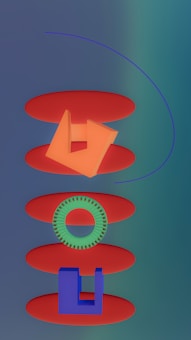 Three-dimensional geometric shapes are arranged in a vertical sequence surrounded by an abstract background. An orange structure resembling a block with openings is positioned on top, followed by a green circular object with a textured pattern on its edge. At the bottom, a blue block with cutouts is placed. All these objects rest on red elliptical platforms, creating a futuristic and abstract composition.