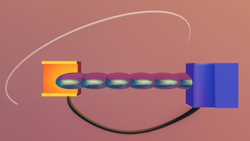 An abstract 3D rendering showcasing a series of interconnected egg-shaped objects in a gradient of purple to turquoise, linking an orange and blue rectangular block. Each block is connected by a dark, curved cable, and a thin white arc encircles the composition against a muted peach background.