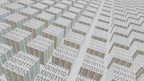 An abstract scene featuring numerous 3D cubes arranged in a grid-like pattern, each covered with binary code 0s and 1s. The perspective and repetition create a sense of depth and complexity, suggesting a digital or technological theme.
