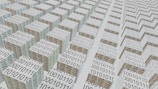 An abstract scene featuring numerous 3D cubes arranged in a grid-like pattern, each covered with binary code 0s and 1s. The perspective and repetition create a sense of depth and complexity, suggesting a digital or technological theme.