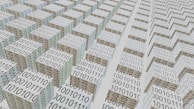 An abstract scene featuring numerous 3D cubes arranged in a grid-like pattern, each covered with binary code 0s and 1s. The perspective and repetition create a sense of depth and complexity, suggesting a digital or technological theme.
