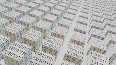 An abstract scene featuring numerous 3D cubes arranged in a grid-like pattern, each covered with binary code 0s and 1s. The perspective and repetition create a sense of depth and complexity, suggesting a digital or technological theme.