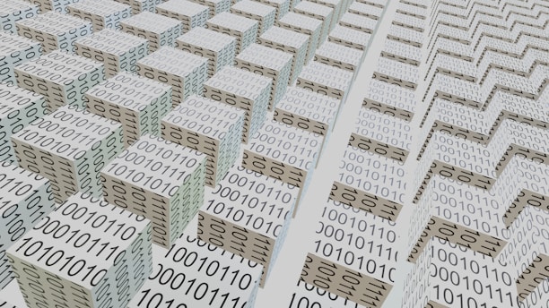An abstract scene featuring numerous 3D cubes arranged in a grid-like pattern, each covered with binary code 0s and 1s. The perspective and repetition create a sense of depth and complexity, suggesting a digital or technological theme.