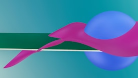 A surreal digital artwork featuring a large blue sphere intersected by a flowing pink ribbon-like shape. These elements are set against a teal background, with a thin, horizontal green band running across the image.