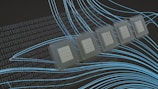 A series of computer microchips are aligned in a diagonal pattern against a black background filled with binary code and blue curved lines. The microchips feature intricate circuitry details.