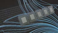 A series of computer microchips are aligned in a diagonal pattern against a black background filled with binary code and blue curved lines. The microchips feature intricate circuitry details.