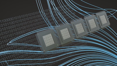 High-contrast schematic of silicon chip architecture with highlighted data flows.