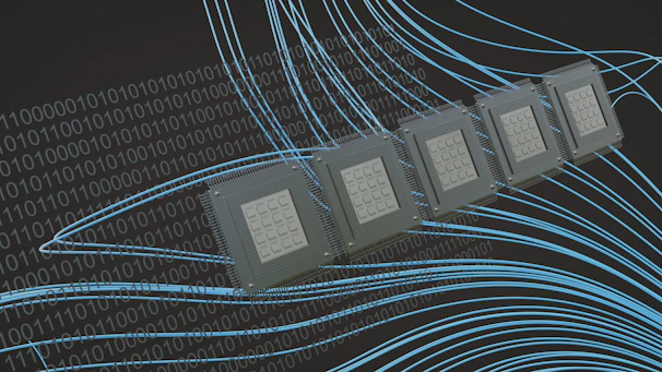 Stack of sleek microchips illuminated by neon green light against a dark tech-themed backdrop.