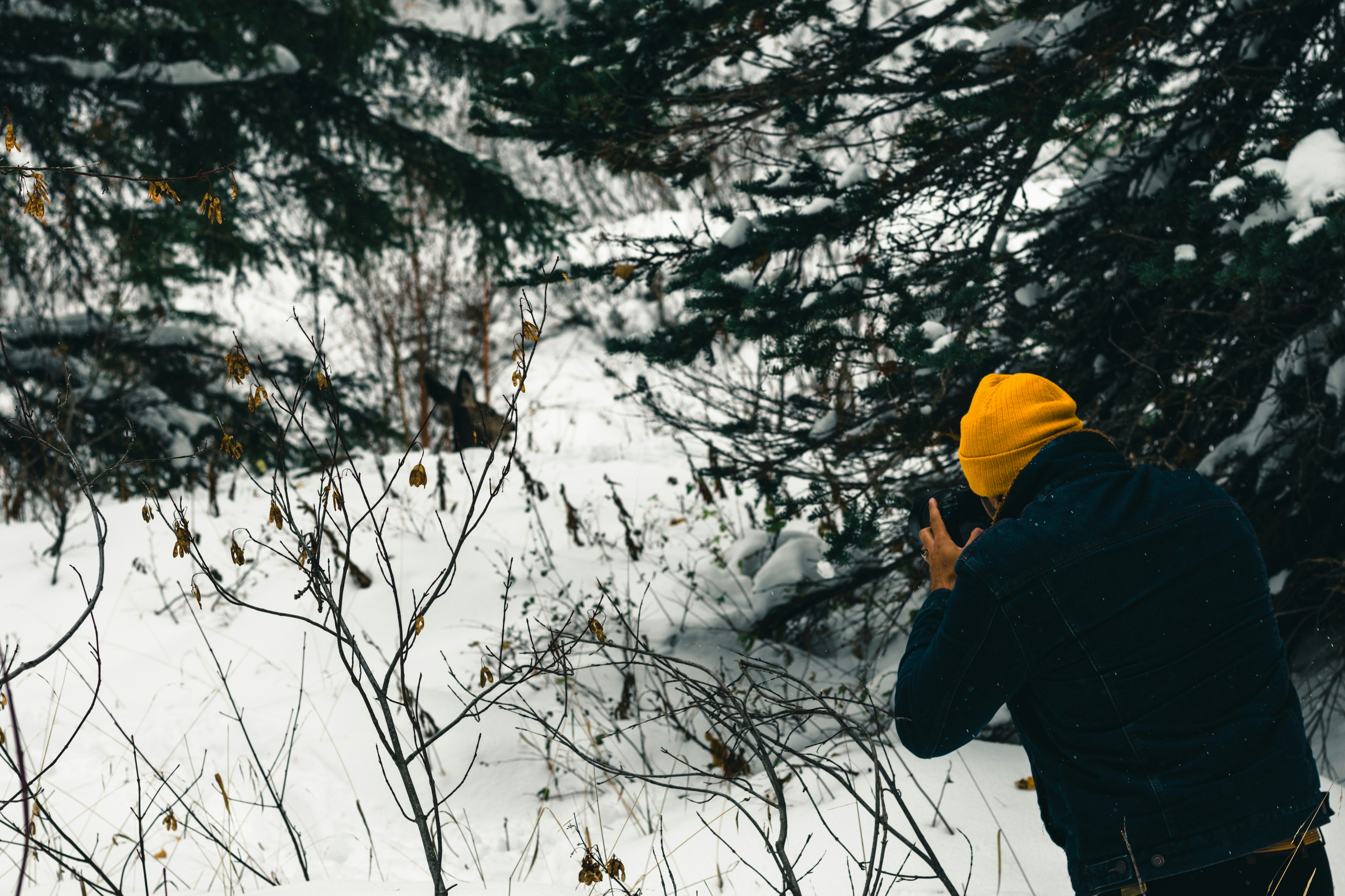 a person standing in the snow taking a picture