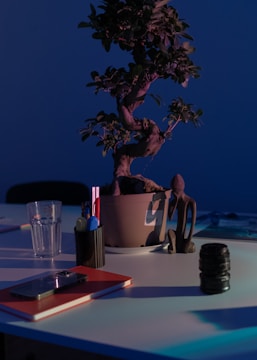 A potted bonsai tree sits on a table, surrounded by various objects. To the left, a transparent glass and a black pen holder with pens and pencils are placed. In front of the tree, a red notebook with a smartphone on top can be seen. On the right, a small figurine resembling a person and what appears to be a lens or cylindrical object is present. The scene is lit with colorful, moody lighting, casting shadows and creating a calm atmosphere.