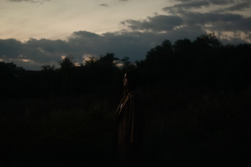 a person standing in a field at night