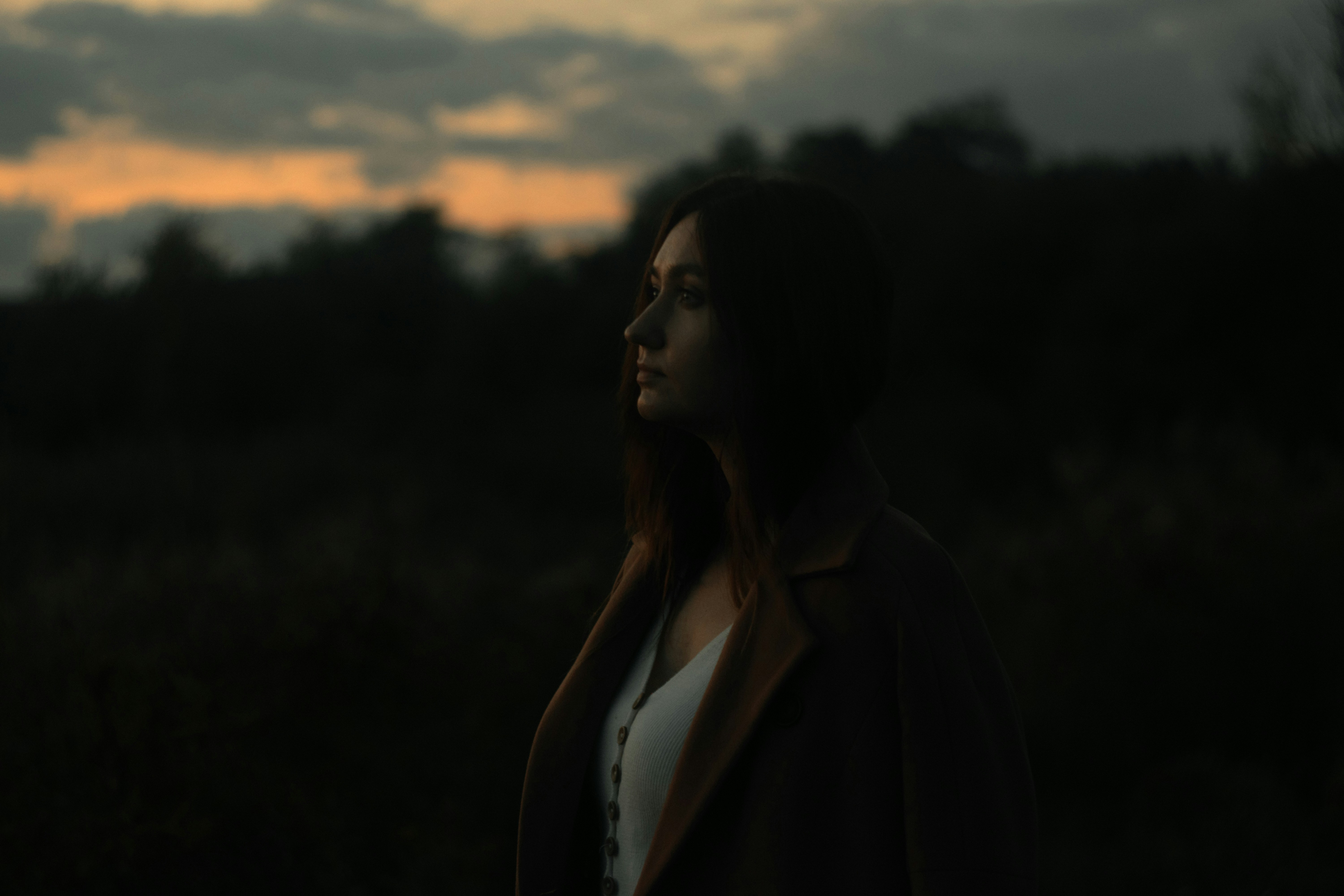 a woman standing in a field at sunset