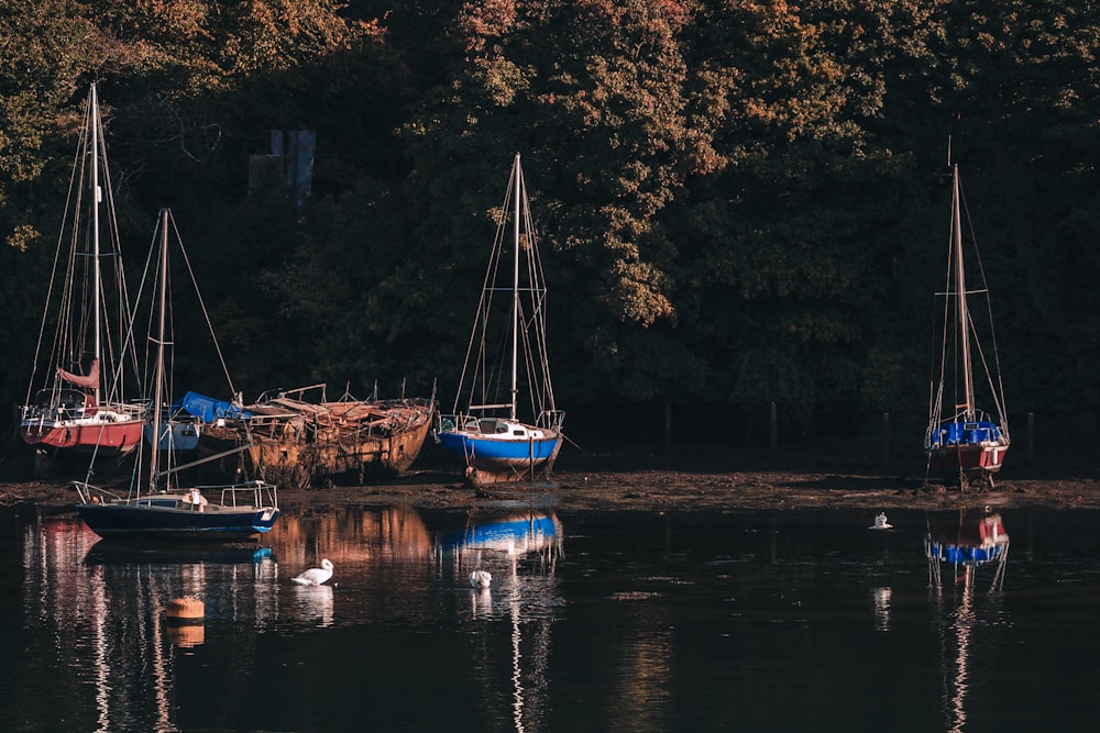 a group of boats floating on top of a lake