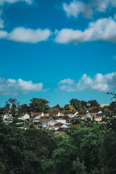 A small neighborhood with houses featuring brown and white roofs is nestled among lush greenery and trees. White clouds in a bright blue sky create a serene backdrop.