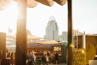 A rooftop bar scene at sunset with several people gathered around tables. The cityscape includes tall buildings and a prominent skyscraper in the background. Warm light creates a cozy and inviting atmosphere with string lights adding to the ambiance.