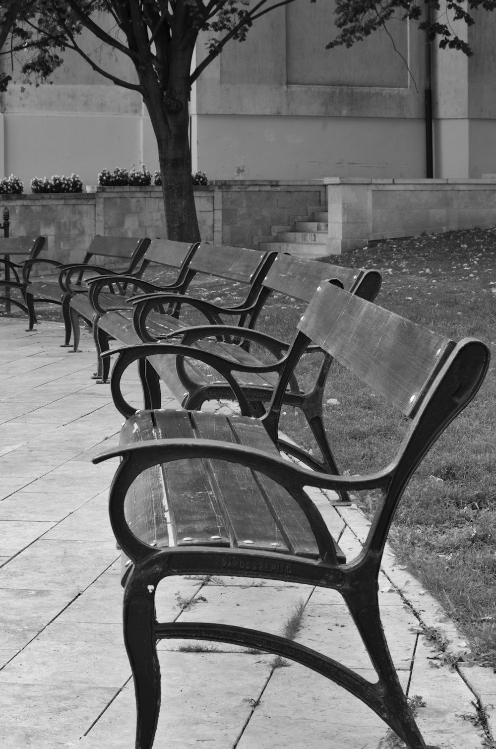 a black and white photo of a row of benches