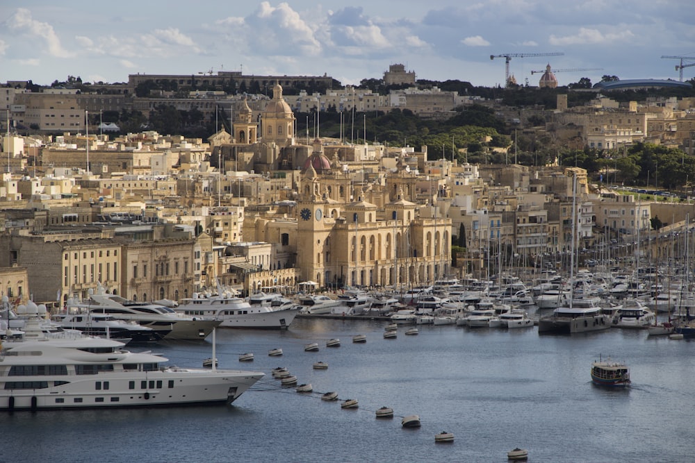 a harbor filled with lots of boats next to a city