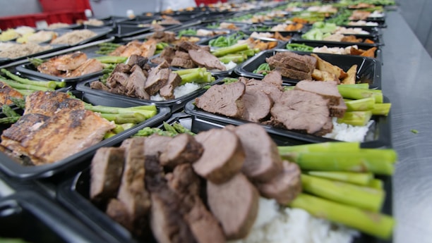 a buffet table filled with different types of food