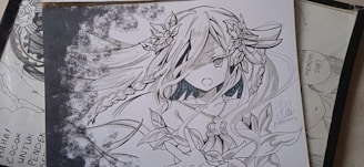 A detailed black and white illustration of an anime character with long flowing hair, braided sections, and floral accessories. The character's eyes are large and expressive, and the mouth is slightly open. The clothing is adorned with detailed patterned designs. The background is partially shaded with splashed ink textures, giving a dynamic feel.