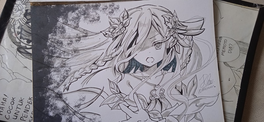 A detailed black and white illustration of an anime character with long flowing hair, braided sections, and floral accessories. The character's eyes are large and expressive, and the mouth is slightly open. The clothing is adorned with detailed patterned designs. The background is partially shaded with splashed ink textures, giving a dynamic feel.