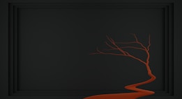 A minimalist artwork featuring a thin, winding tree with bare branches extending from a smooth, curved trunk against a dark, monochromatic background.