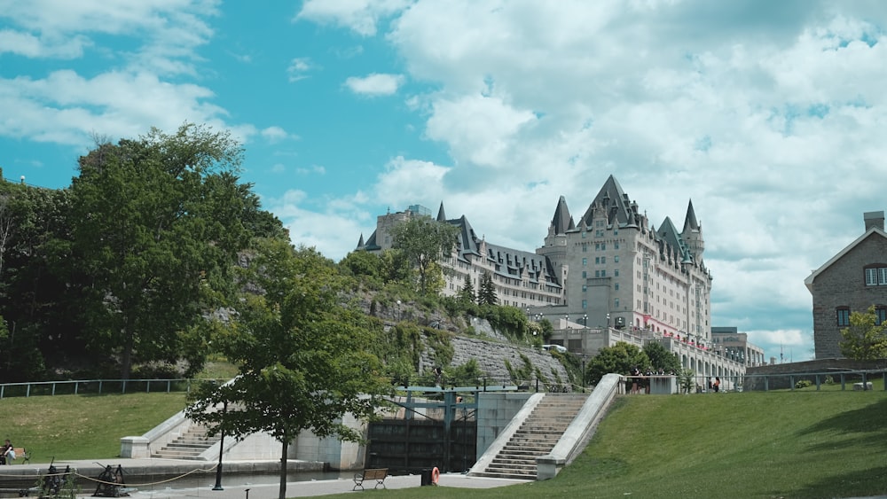 a large castle like building with stairs leading up to it