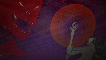 A stylized dragon with sharp teeth and glowing eyes appears on the left, facing a figure holding a glowing staff on the right. A large red circle, giving the impression of a sun or moon, dominates the background, with dark, textured colors surrounding the scene.