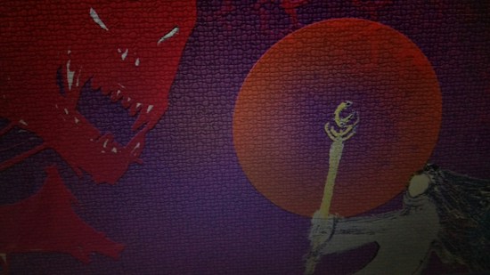 A stylized dragon with sharp teeth and glowing eyes appears on the left, facing a figure holding a glowing staff on the right. A large red circle, giving the impression of a sun or moon, dominates the background, with dark, textured colors surrounding the scene.