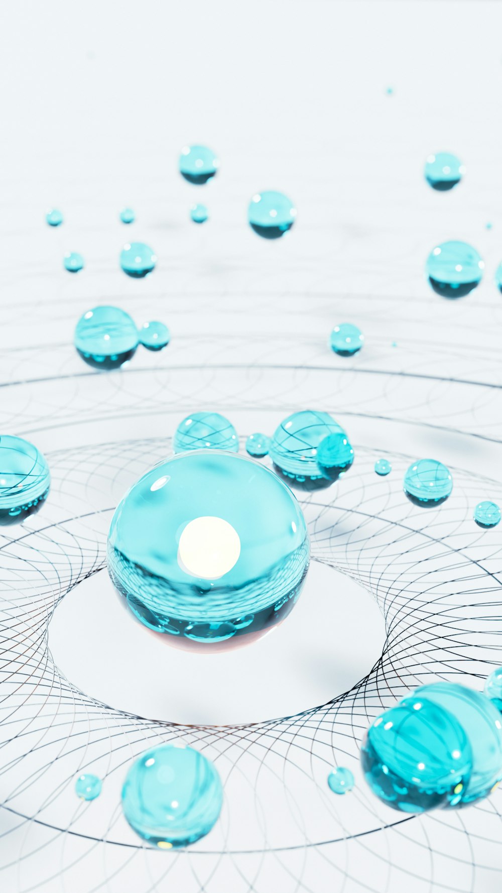 a group of blue bubbles floating on top of a white surface