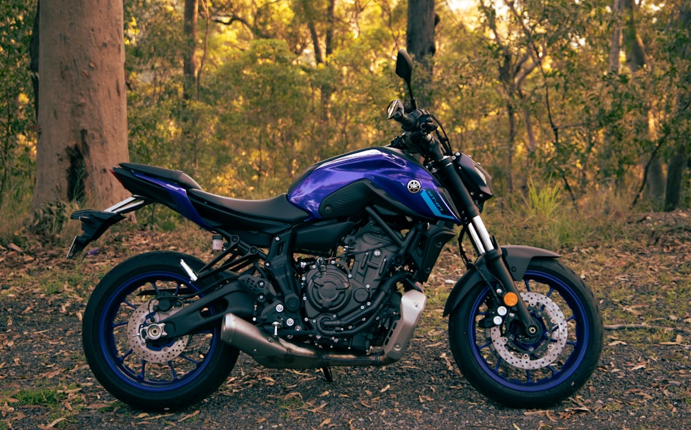 a blue motorcycle parked in a wooded area