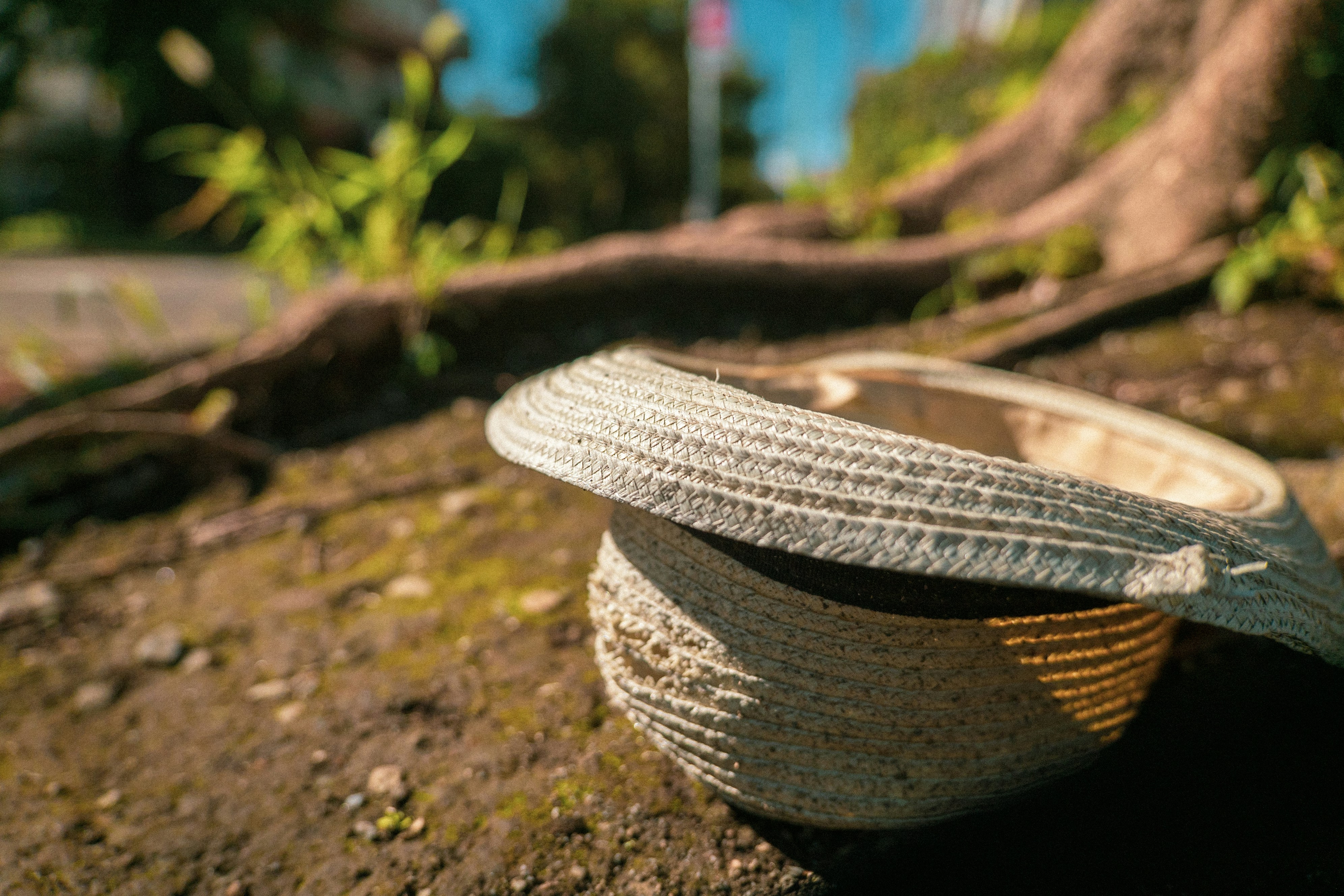 Intricate woven basket with natural fiber patterns