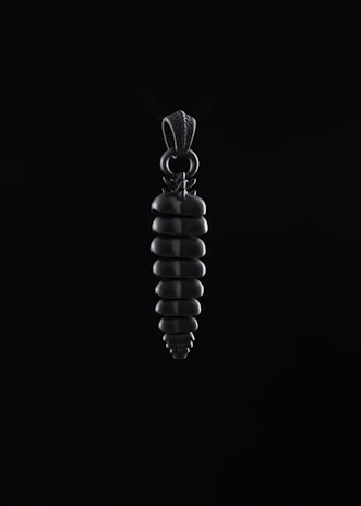 Sophisticated product card showing a modern gold pendant with smooth glassmorphism effect on a dark background.