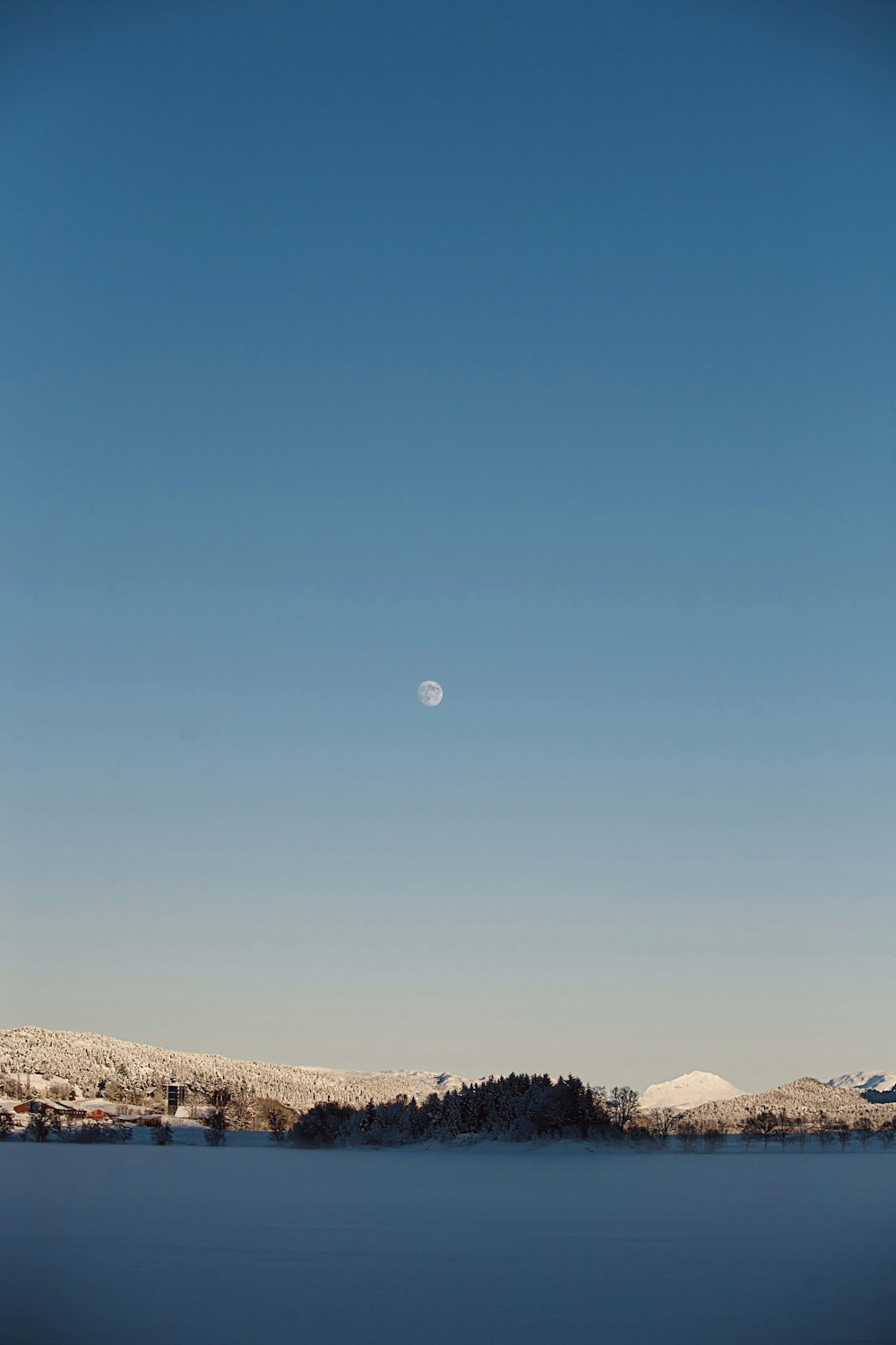 a view of a lake with a moon in the sky