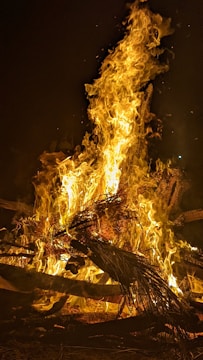 A large, intense fire with flames rising high into the air, surrounded by burning logs and branches. The scene is set against a dark background, highlighting the bright yellows and oranges of the flames.